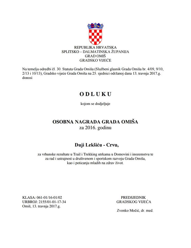 Duje Lekšić-Crv dobio nagradu grada Omiša